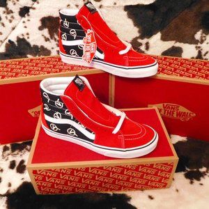 Vans SK8-HI Red Suede Leather Canvas Circle V Logo